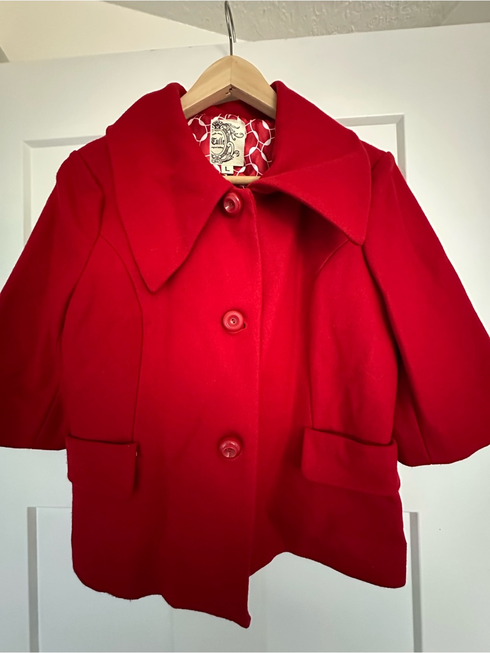 Tulle Bright Red Wool Short Pea Coat with Wide Collar